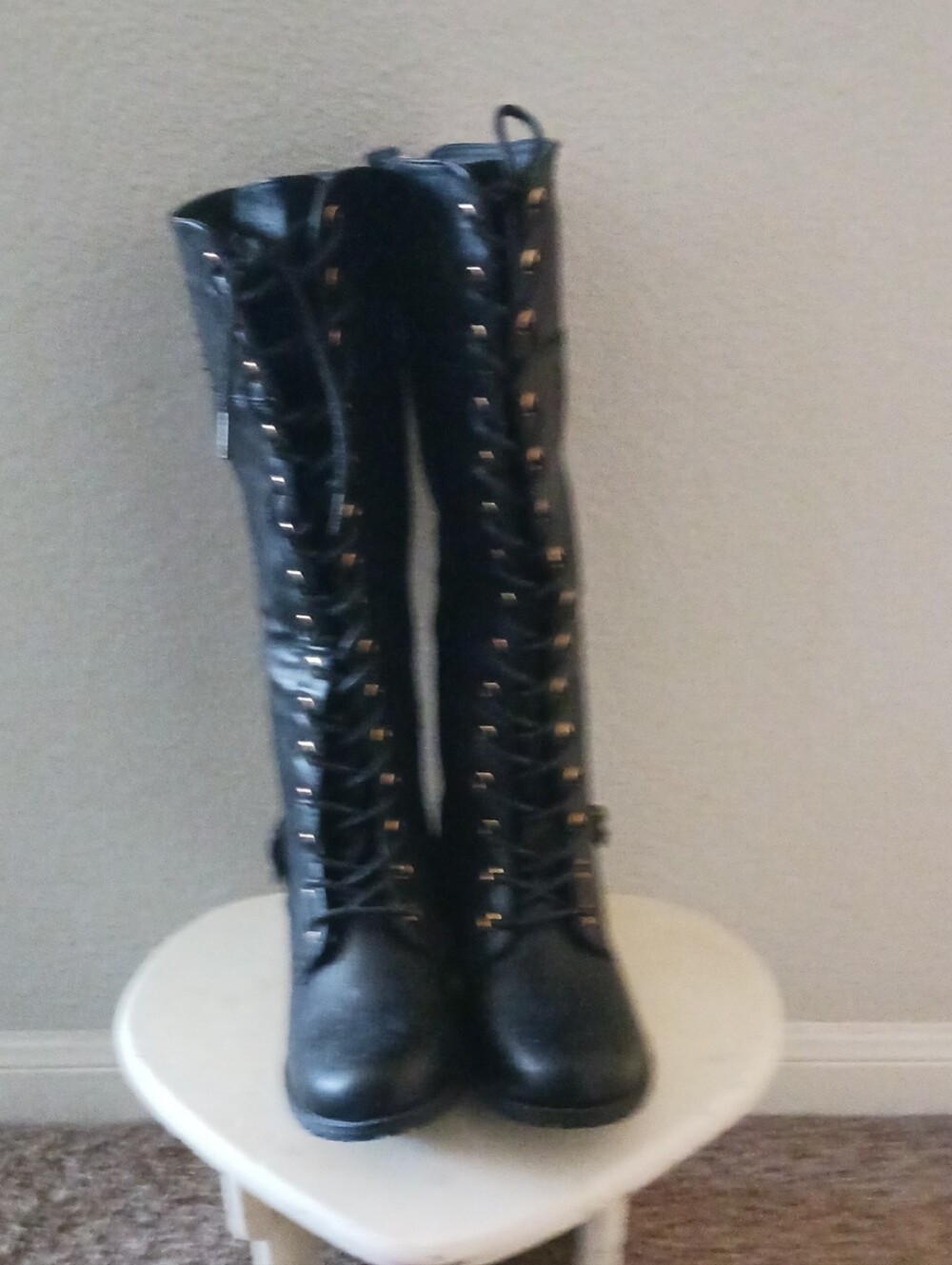 Forever 21 Black Knee-High Lace-Up Boots with Gold Hardware